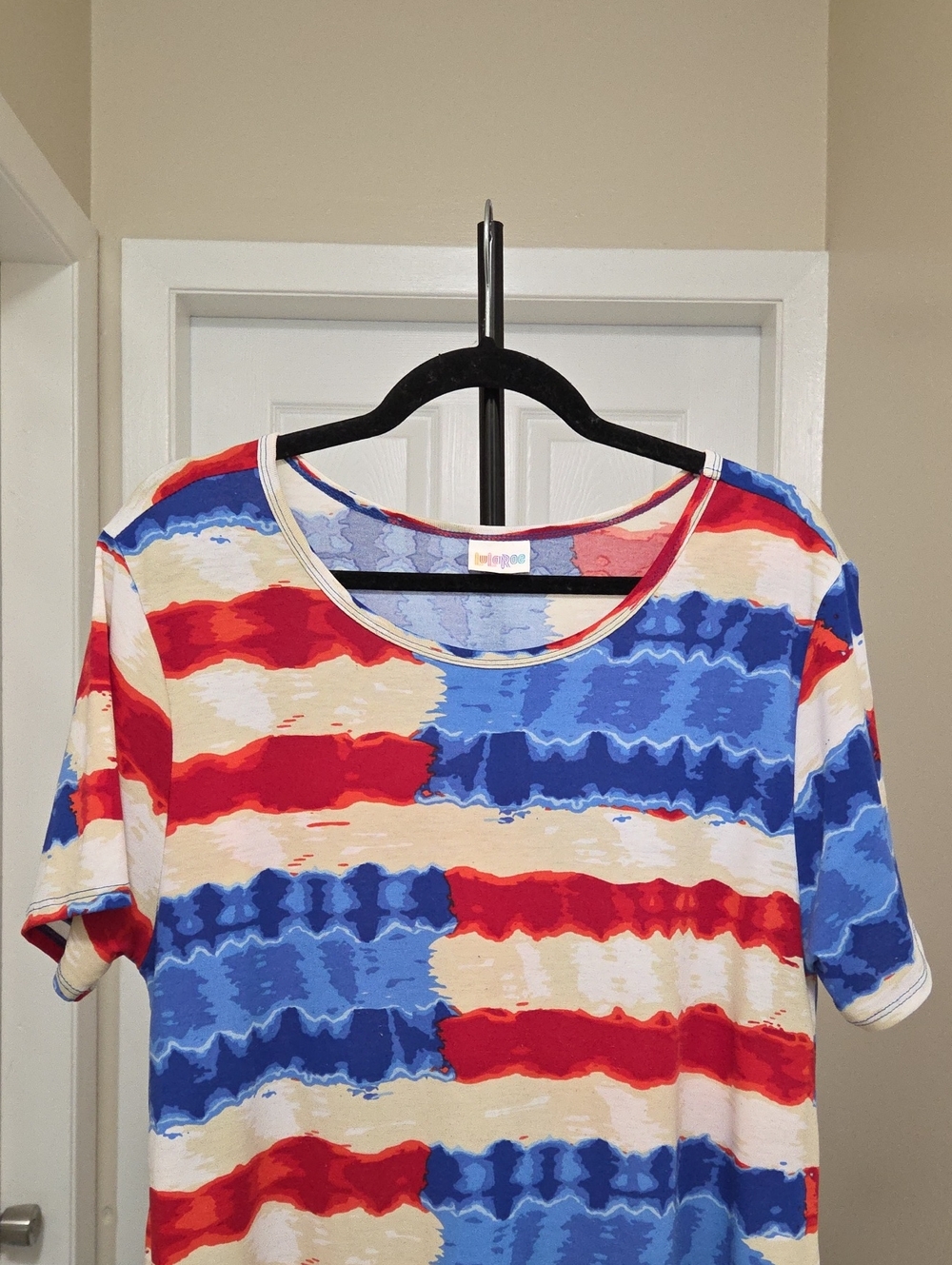 LuLaRoe Red Blue Cream Abstract Stripe Crewneck Midi Dress Casual Swing Soft - Picture 3 of 8